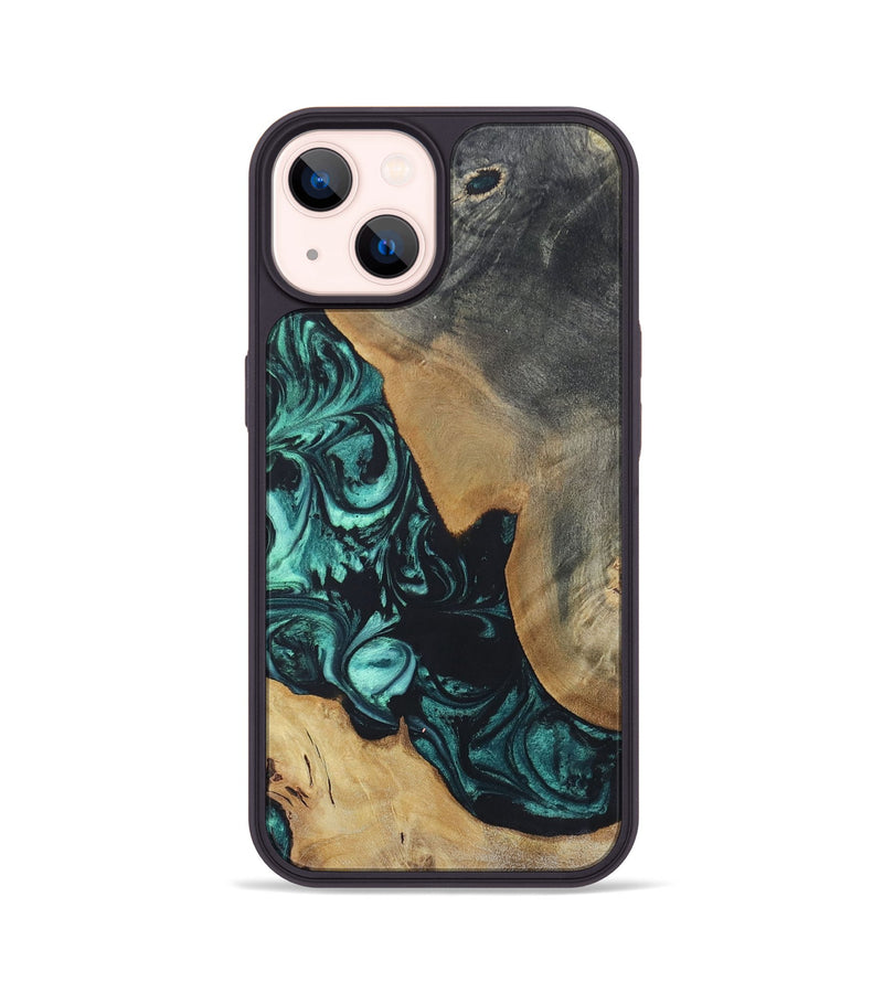 iPhone 14 Wood+Resin Phone Case - Bernadette (Green, 696365)