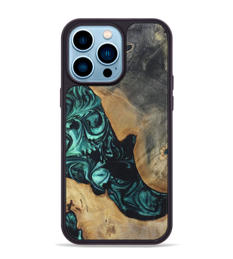 iPhone 14 Pro Max Wood+Resin Phone Case - Bernadette (Green, 696365)