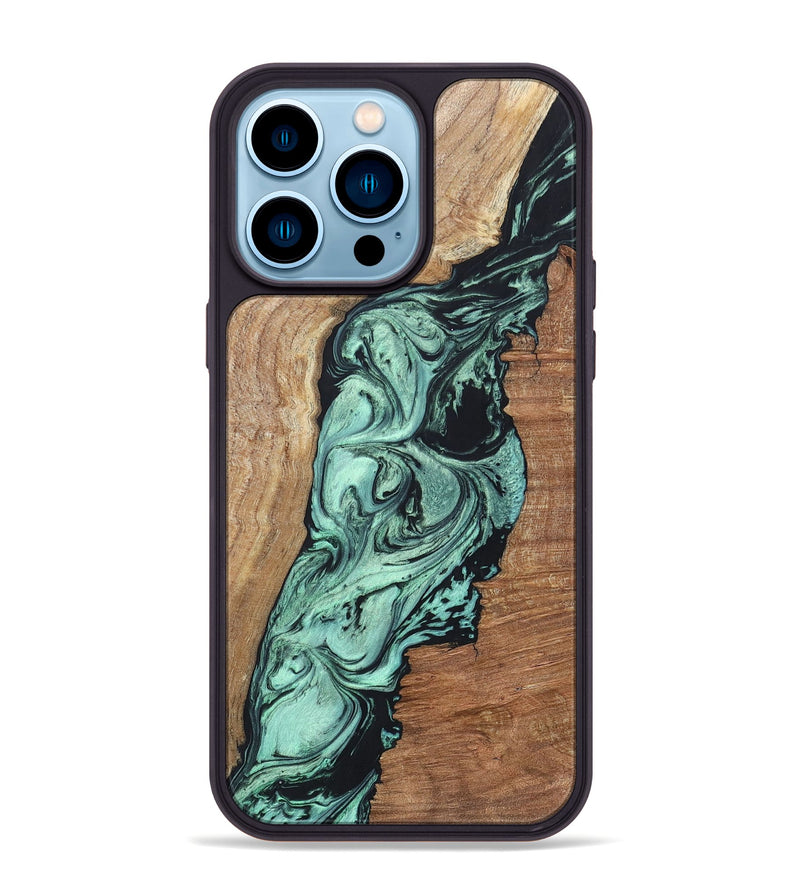iPhone 14 Pro Max Wood+Resin Phone Case - Vonda (Green, 696373)