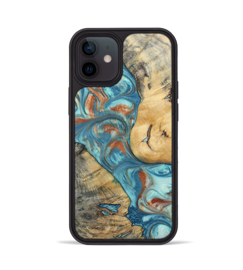 iPhone 12 Wood+Resin Phone Case - Celia (Teal & Gold, 696384)