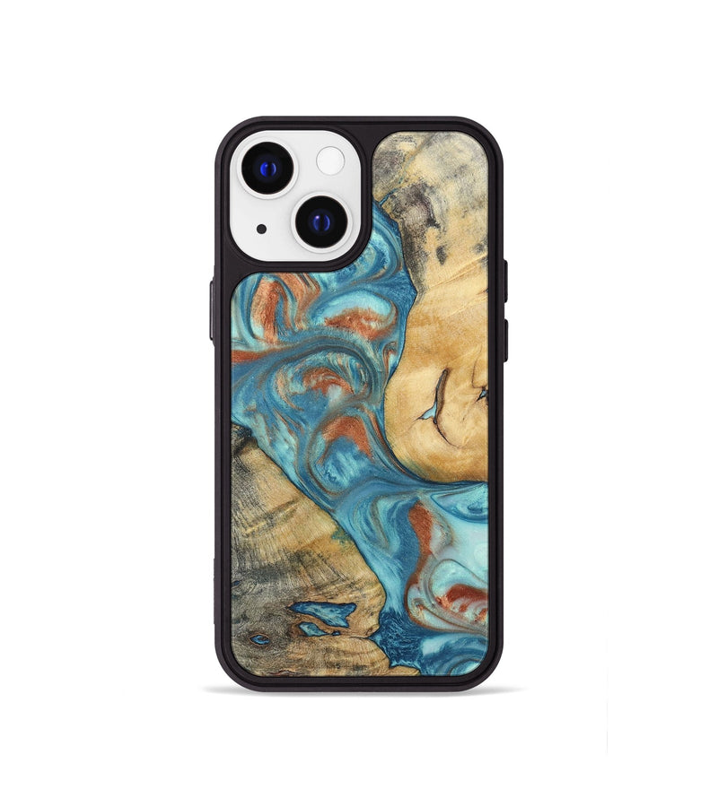 iPhone 13 mini Wood+Resin Phone Case - Celia (Teal & Gold, 696384)