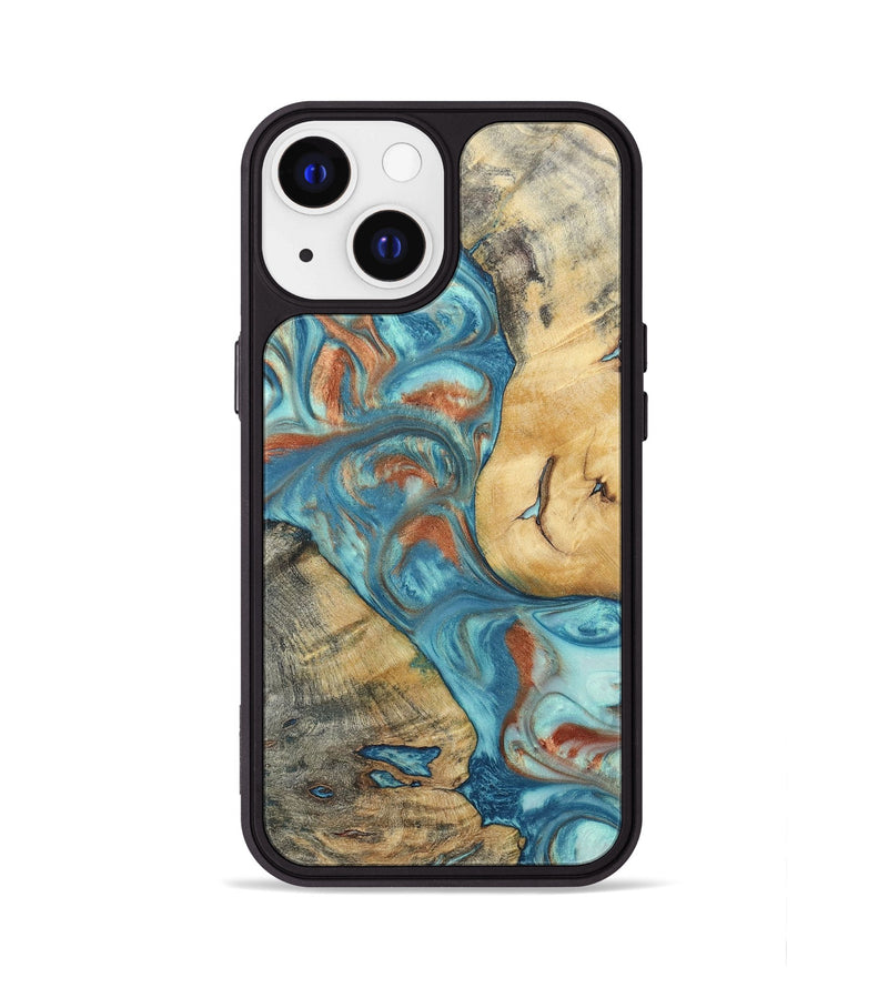 iPhone 13 Wood+Resin Phone Case - Celia (Teal & Gold, 696384)