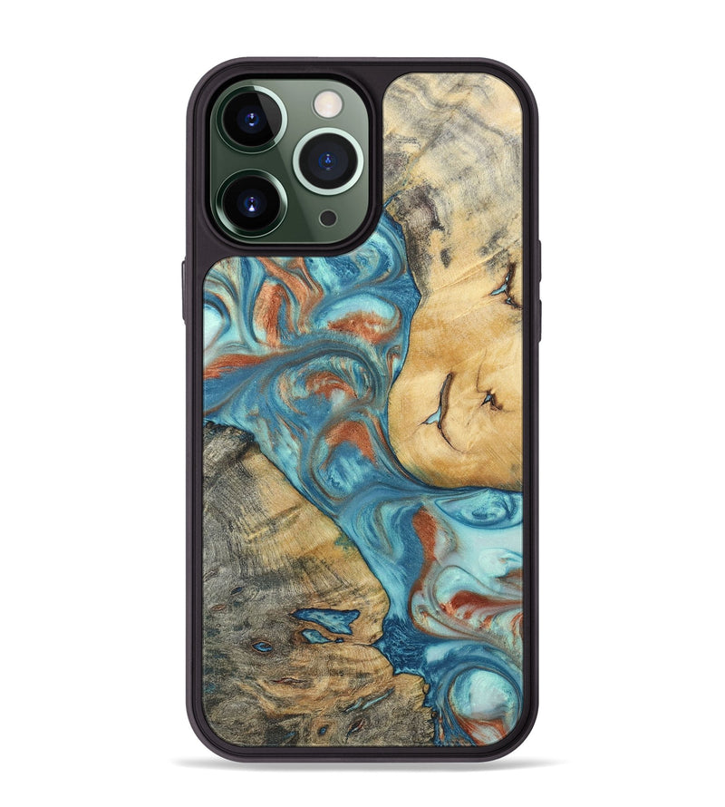 iPhone 13 Pro Max Wood+Resin Phone Case - Celia (Teal & Gold, 696384)