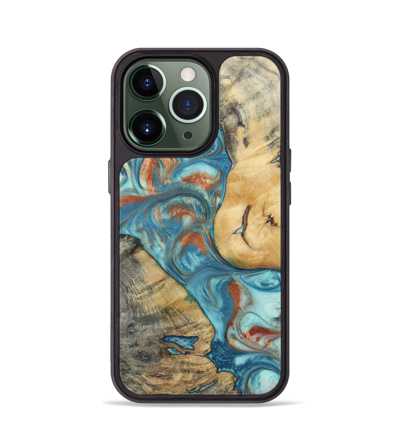 iPhone 13 Pro Wood+Resin Phone Case - Celia (Teal & Gold, 696384)