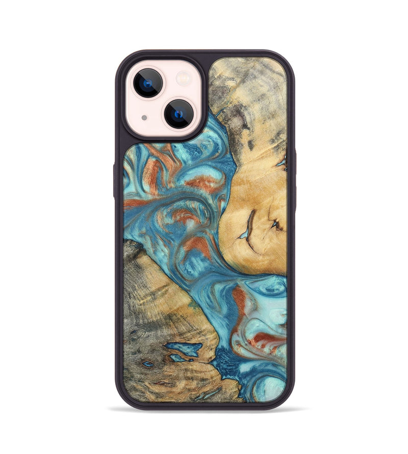 iPhone 14 Wood+Resin Phone Case - Celia (Teal & Gold, 696384)