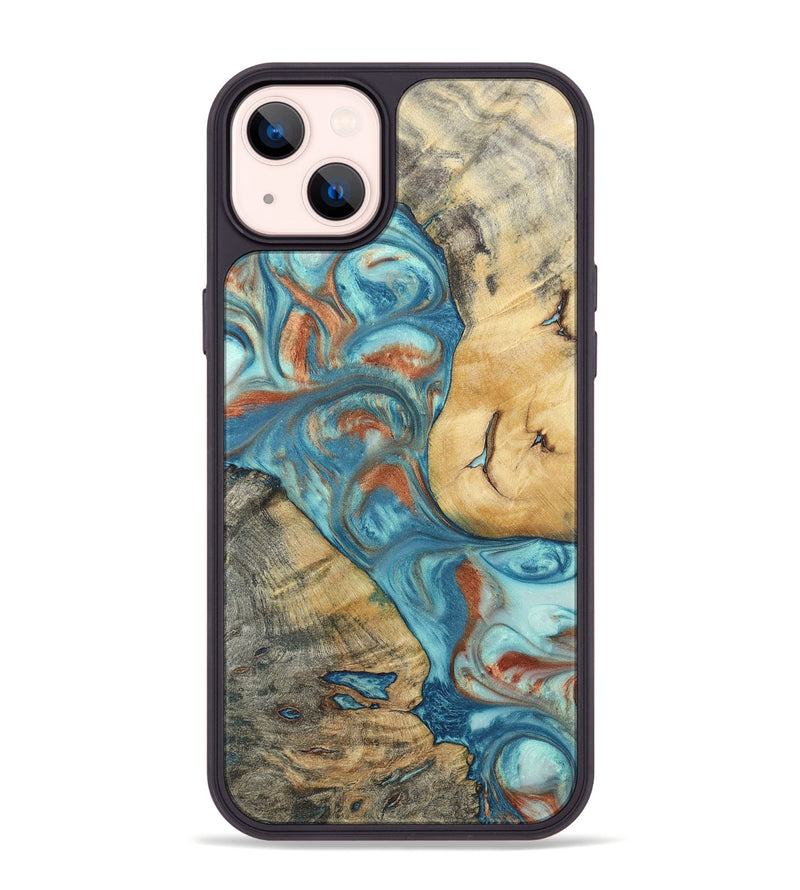 iPhone 14 Plus Wood+Resin Phone Case - Celia (Teal & Gold, 696384)