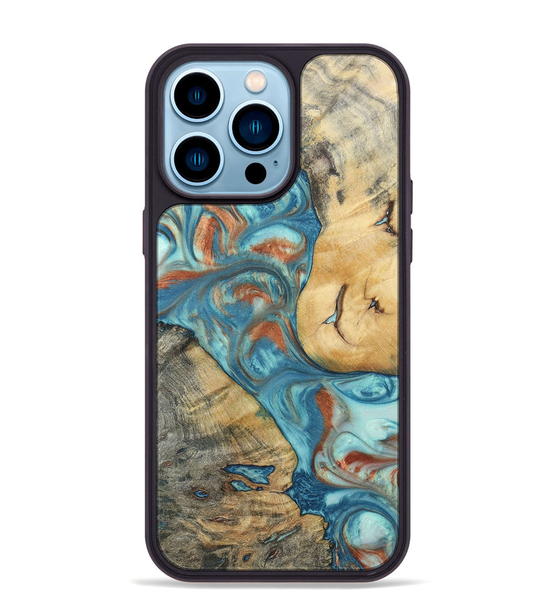 iPhone 14 Pro Max Wood+Resin Phone Case - Celia (Teal & Gold, 696384)