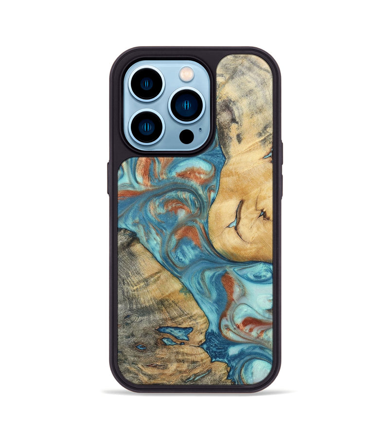 iPhone 14 Pro Wood+Resin Phone Case - Celia (Teal & Gold, 696384)