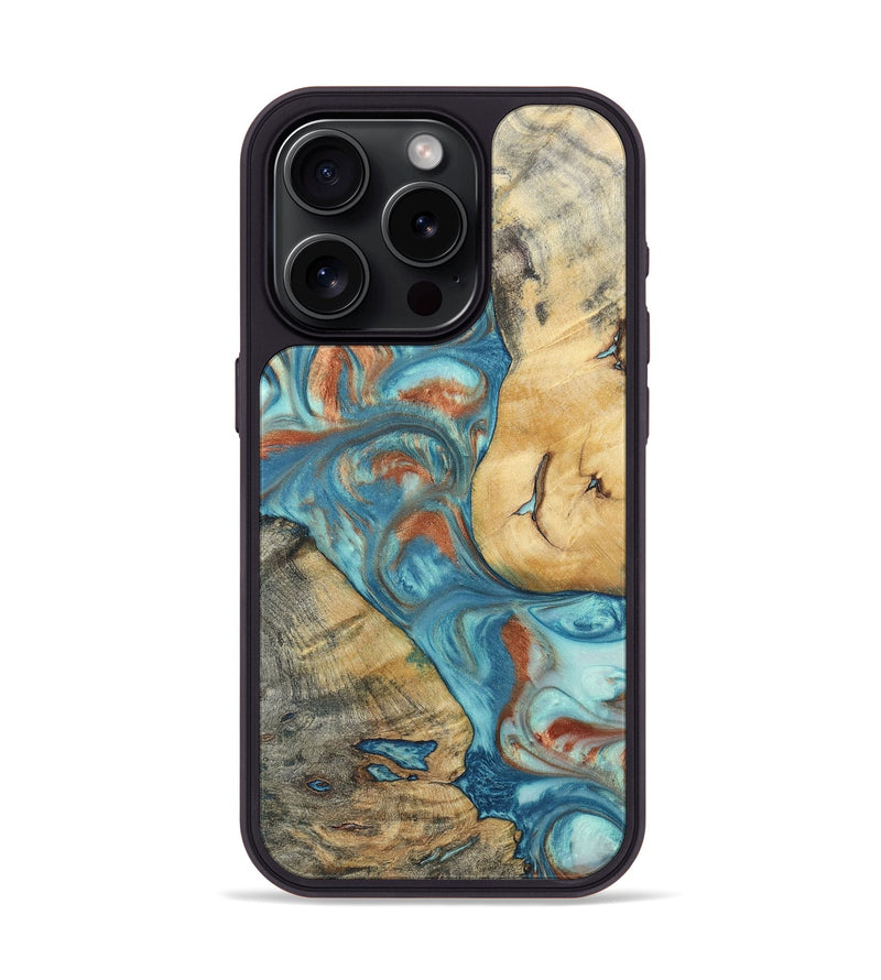iPhone 15 Pro Wood+Resin Phone Case - Celia (Teal & Gold, 696384)