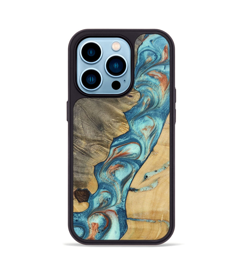 iPhone 14 Pro Wood+Resin Phone Case - Hubert (Teal & Gold, 696386)