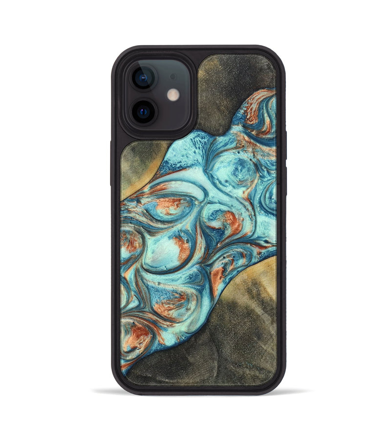 iPhone 12 Wood+Resin Phone Case - Walker (Teal & Gold, 696389)