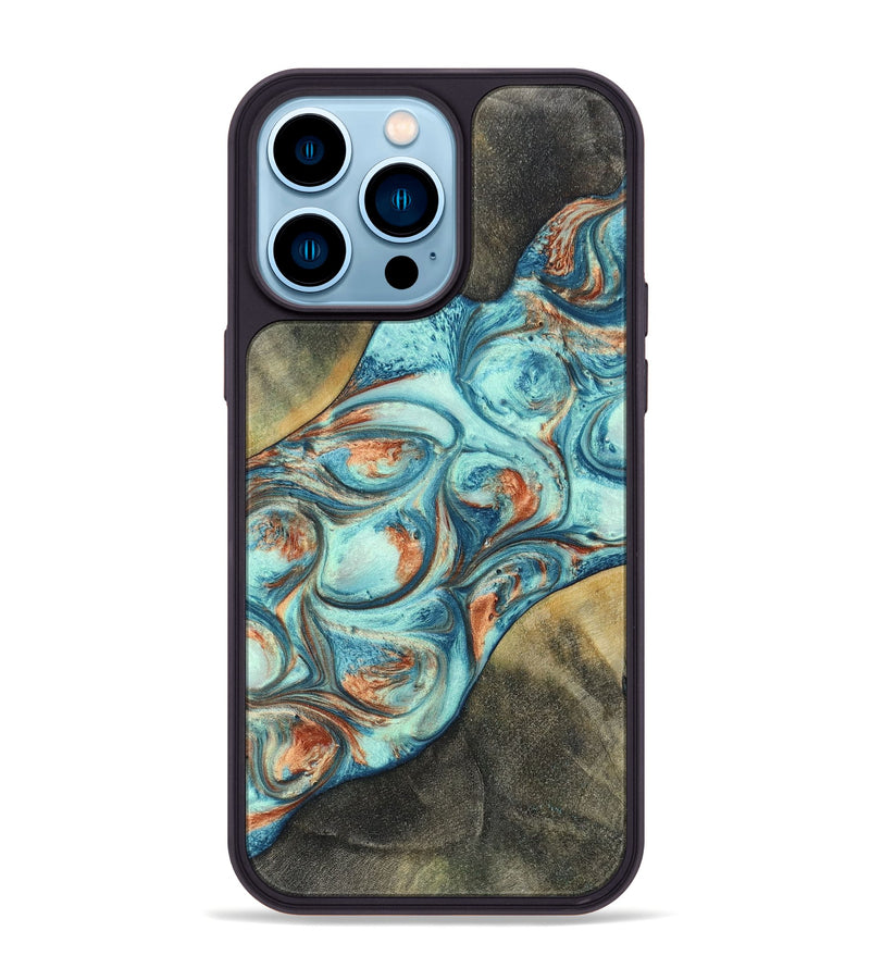 iPhone 14 Pro Max Wood+Resin Phone Case - Walker (Teal & Gold, 696389)