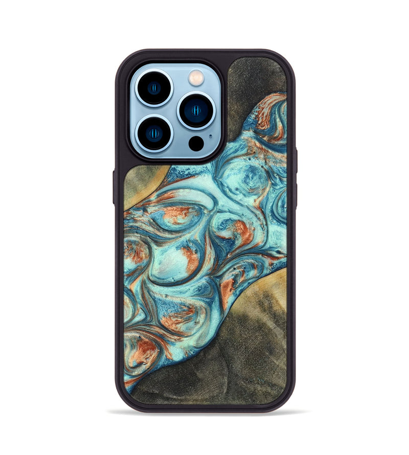 iPhone 14 Pro Wood+Resin Phone Case - Walker (Teal & Gold, 696389)