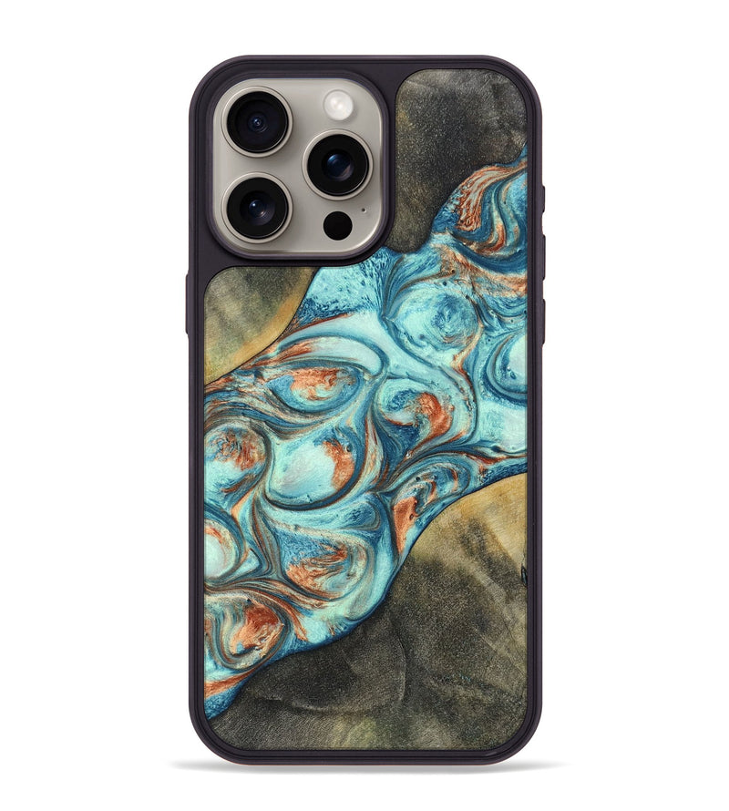 iPhone 15 Pro Max Wood+Resin Phone Case - Walker (Teal & Gold, 696389)