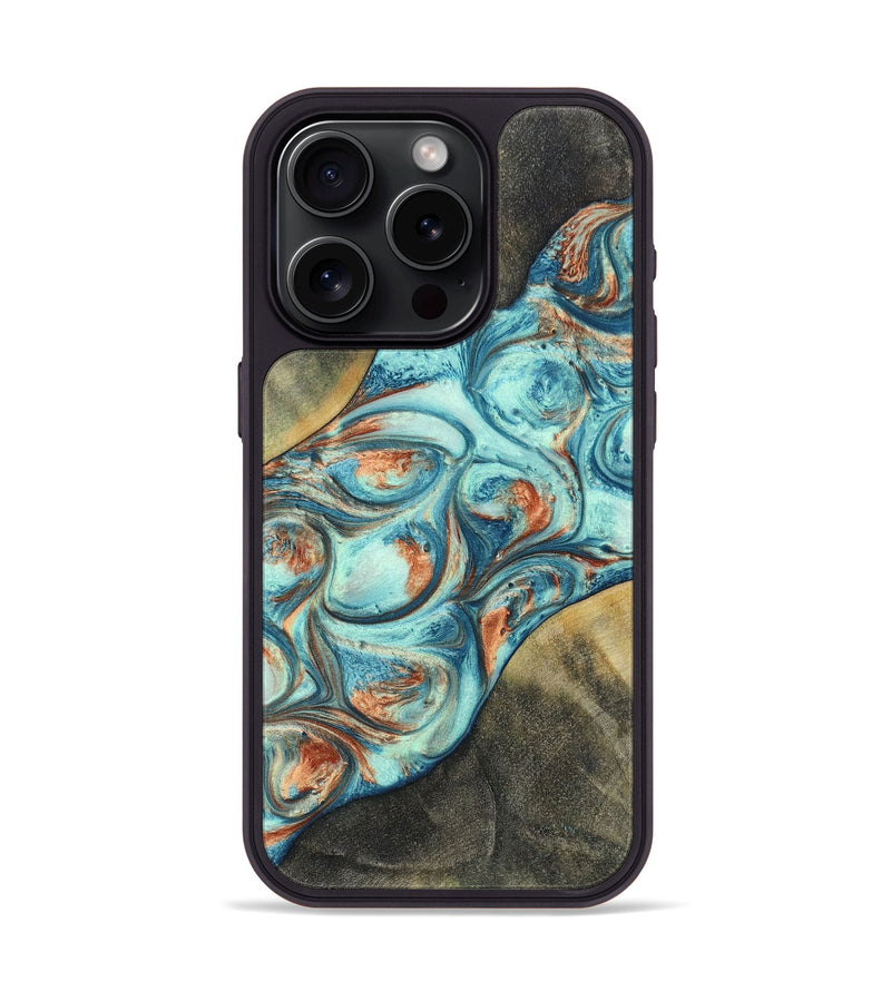 iPhone 15 Pro Wood+Resin Phone Case - Walker (Teal & Gold, 696389)