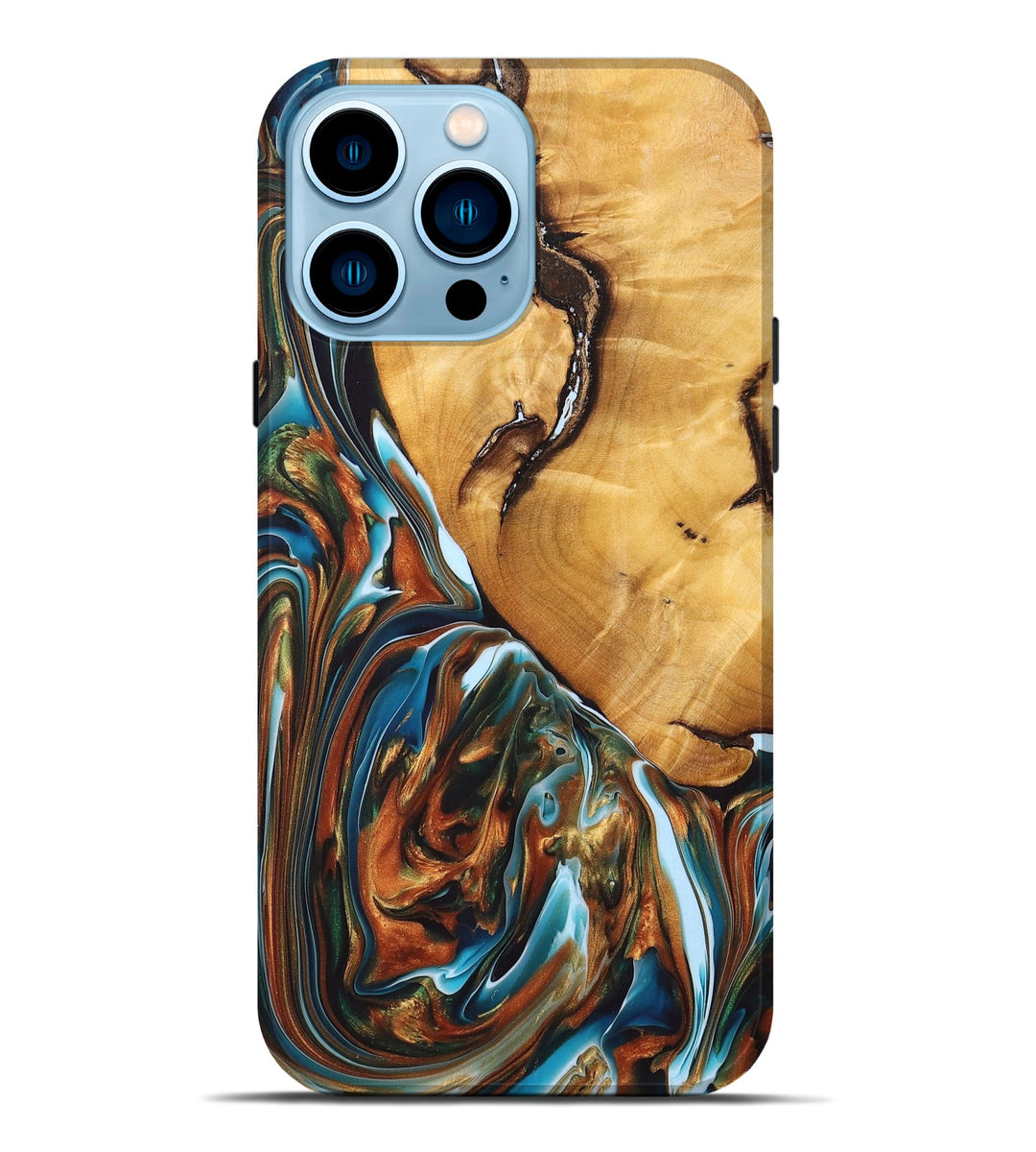 iPhone 14 Pro Max Wood+Resin Live Edge Phone Case - Edgar (Teal & Gold, 696416)