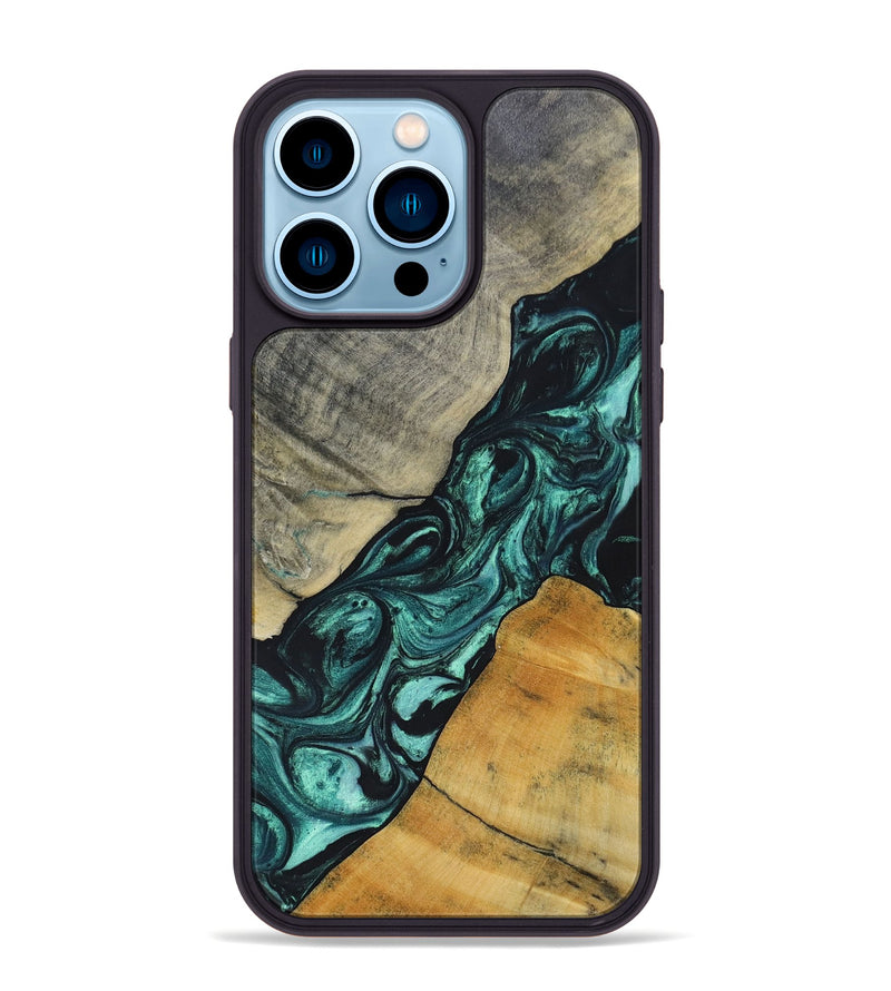 iPhone 14 Pro Max Wood+Resin Phone Case - Jaime (Green, 696466)