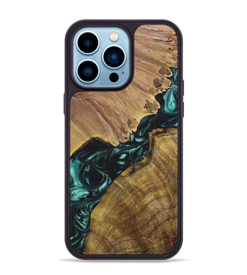 iPhone 14 Pro Max Wood+Resin Phone Case - Elsie (Green, 696469)