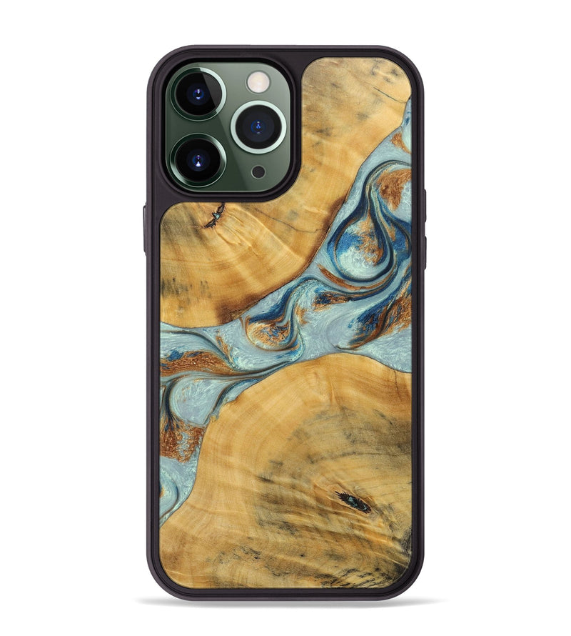 iPhone 13 Pro Max Wood+Resin Phone Case - Karina (Teal & Gold, 696494)