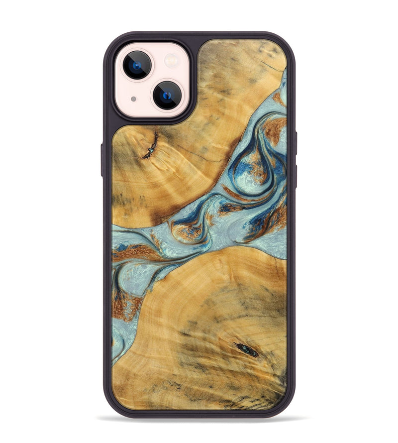 iPhone 14 Plus Wood+Resin Phone Case - Karina (Teal & Gold, 696494)