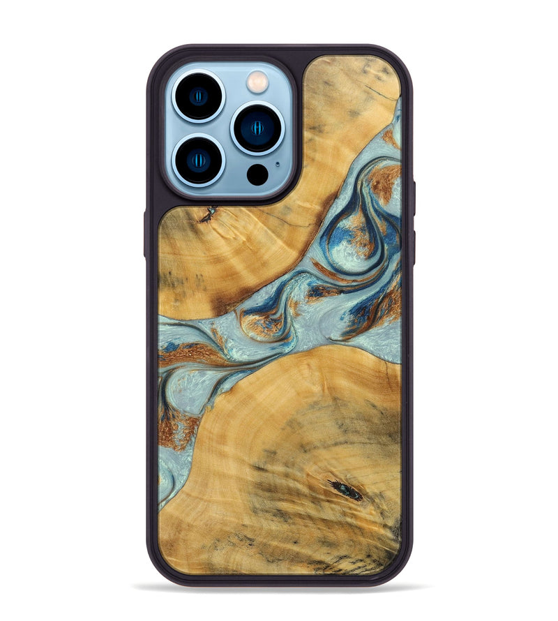 iPhone 14 Pro Max Wood+Resin Phone Case - Karina (Teal & Gold, 696494)