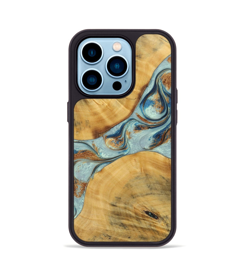 iPhone 14 Pro Wood+Resin Phone Case - Karina (Teal & Gold, 696494)
