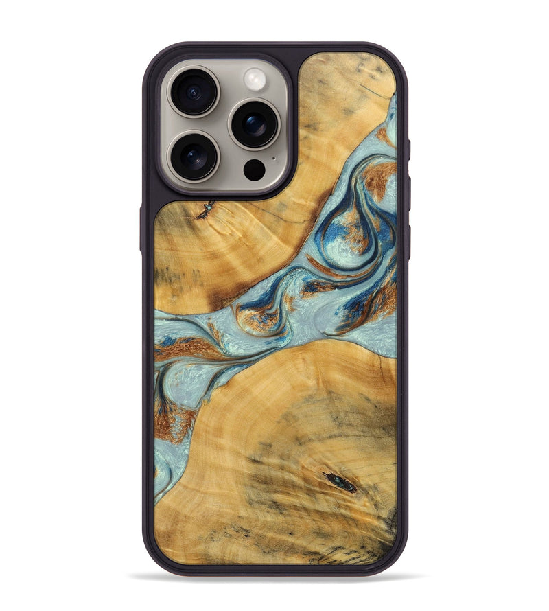 iPhone 15 Pro Max Wood+Resin Phone Case - Karina (Teal & Gold, 696494)