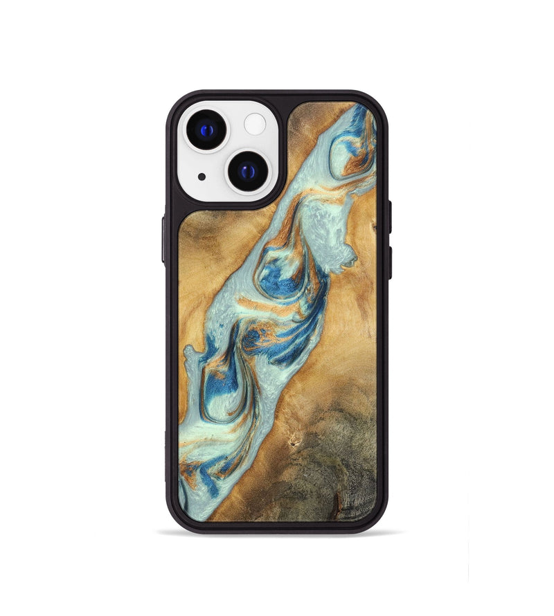 iPhone 13 mini Wood+Resin Phone Case - Ali (Teal & Gold, 696498)