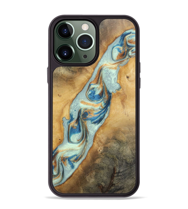 iPhone 13 Pro Max Wood+Resin Phone Case - Ali (Teal & Gold, 696498)