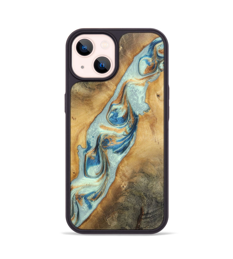 iPhone 14 Wood+Resin Phone Case - Ali (Teal & Gold, 696498)