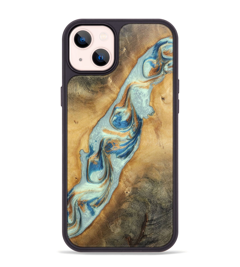 iPhone 14 Plus Wood+Resin Phone Case - Ali (Teal & Gold, 696498)
