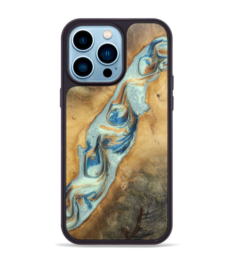 iPhone 14 Pro Max Wood+Resin Phone Case - Ali (Teal & Gold, 696498)