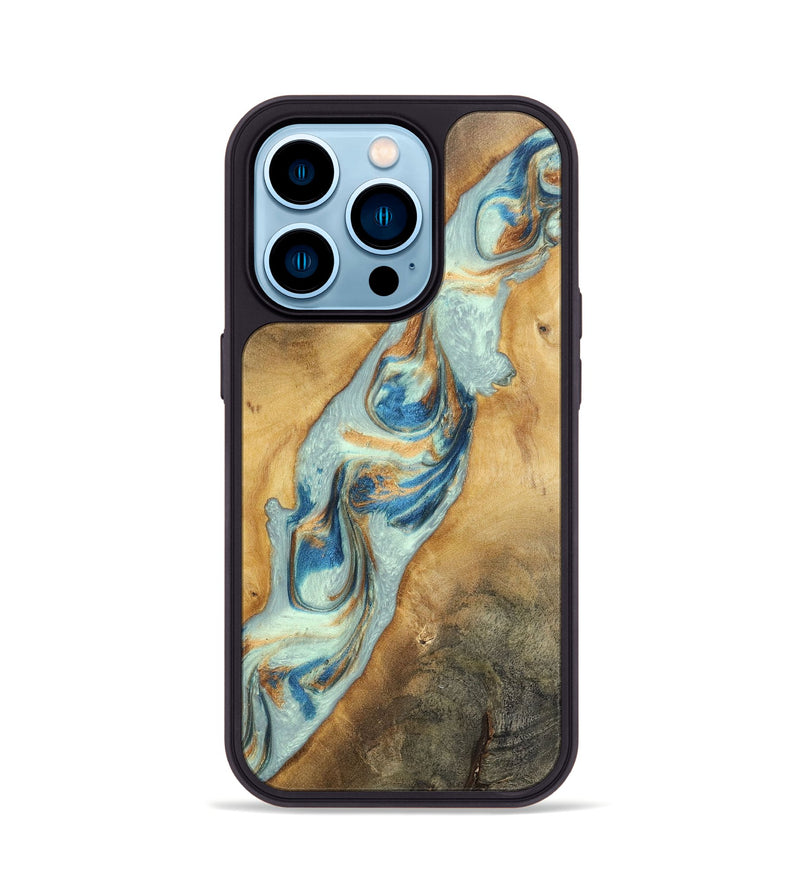iPhone 14 Pro Wood+Resin Phone Case - Ali (Teal & Gold, 696498)