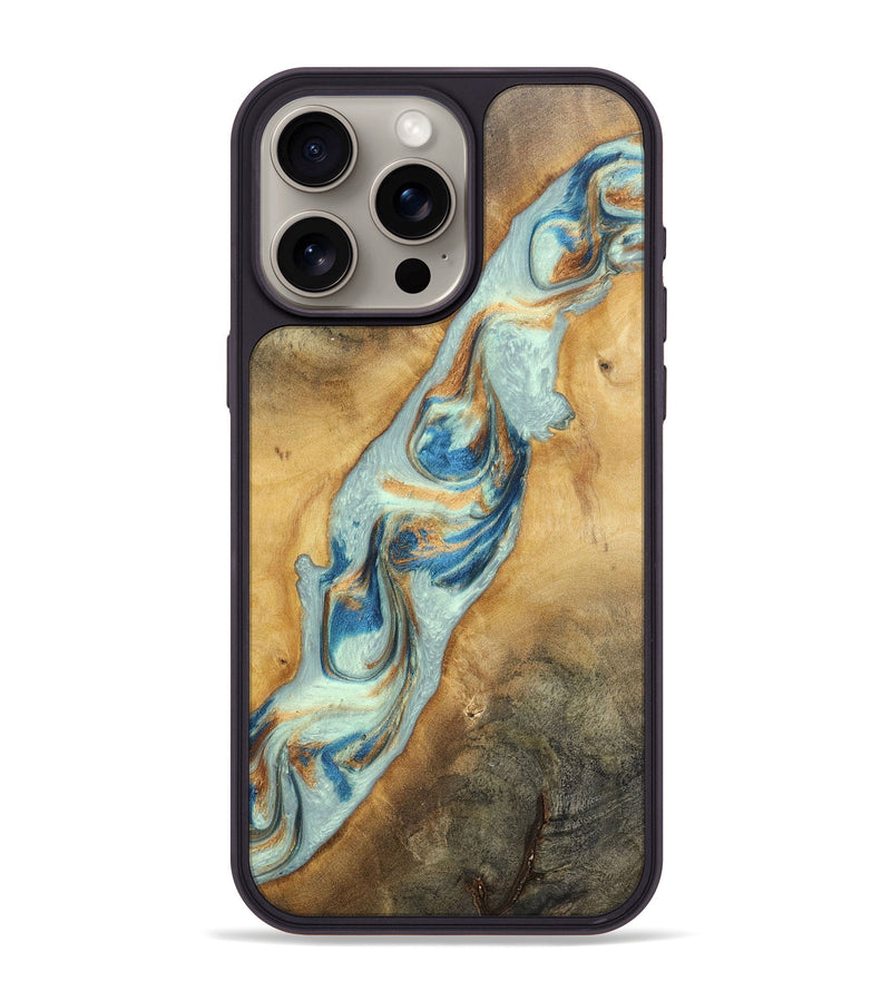 iPhone 15 Pro Max Wood+Resin Phone Case - Ali (Teal & Gold, 696498)