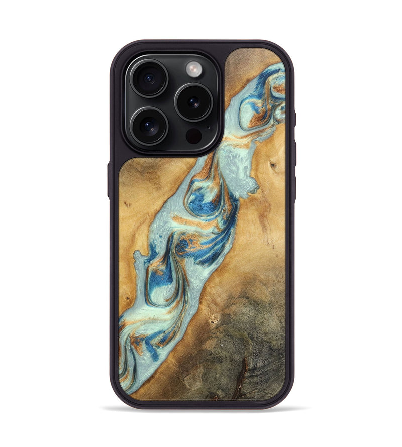 iPhone 15 Pro Wood+Resin Phone Case - Ali (Teal & Gold, 696498)
