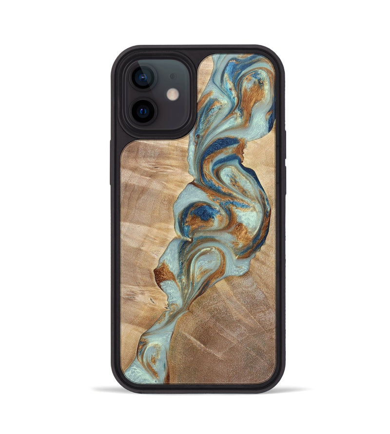 iPhone 12 Wood+Resin Phone Case - Latasha (Teal & Gold, 696501)
