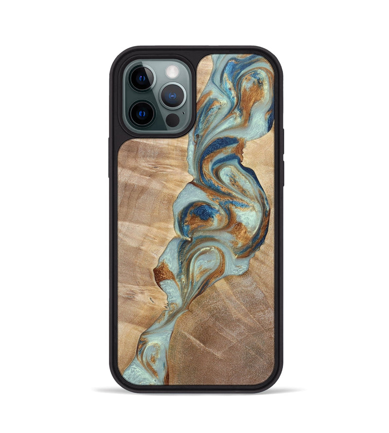 iPhone 12 Pro Wood+Resin Phone Case - Latasha (Teal & Gold, 696501)