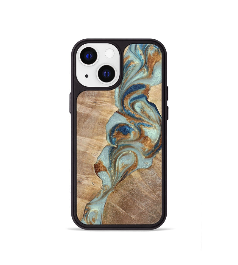 iPhone 13 mini Wood+Resin Phone Case - Latasha (Teal & Gold, 696501)