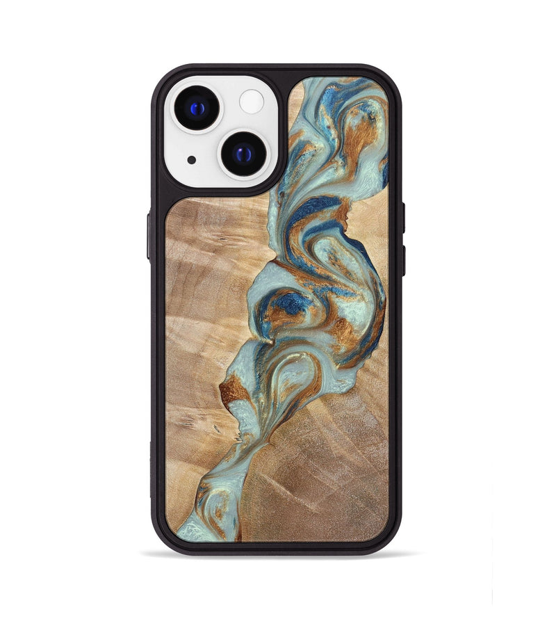 iPhone 13 Wood+Resin Phone Case - Latasha (Teal & Gold, 696501)