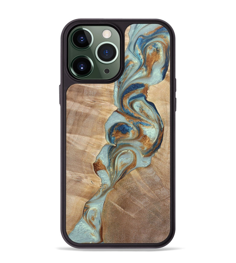 iPhone 13 Pro Max Wood+Resin Phone Case - Latasha (Teal & Gold, 696501)