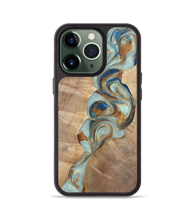 iPhone 13 Pro Wood+Resin Phone Case - Latasha (Teal & Gold, 696501)