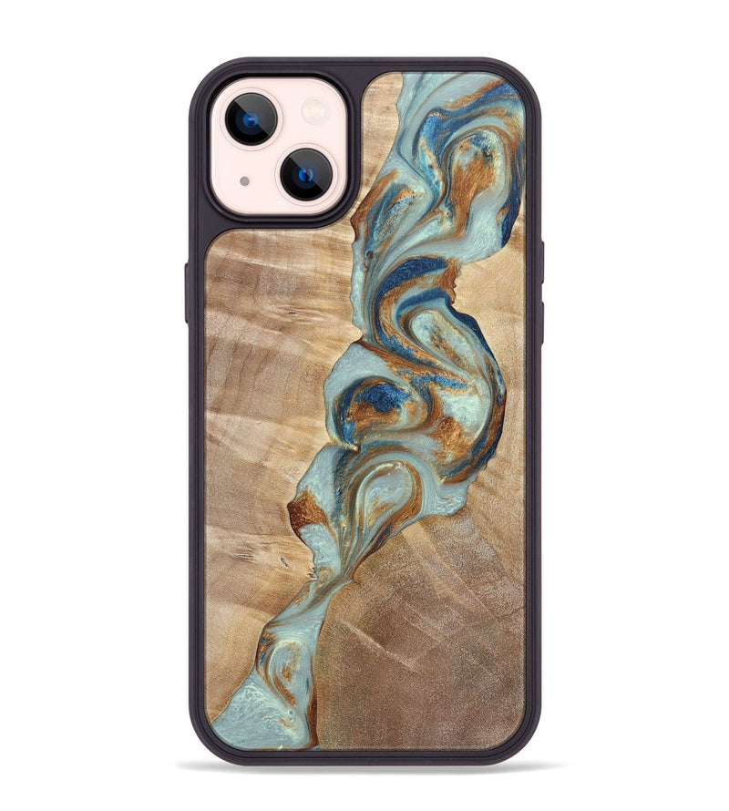 iPhone 14 Plus Wood+Resin Phone Case - Latasha (Teal & Gold, 696501)