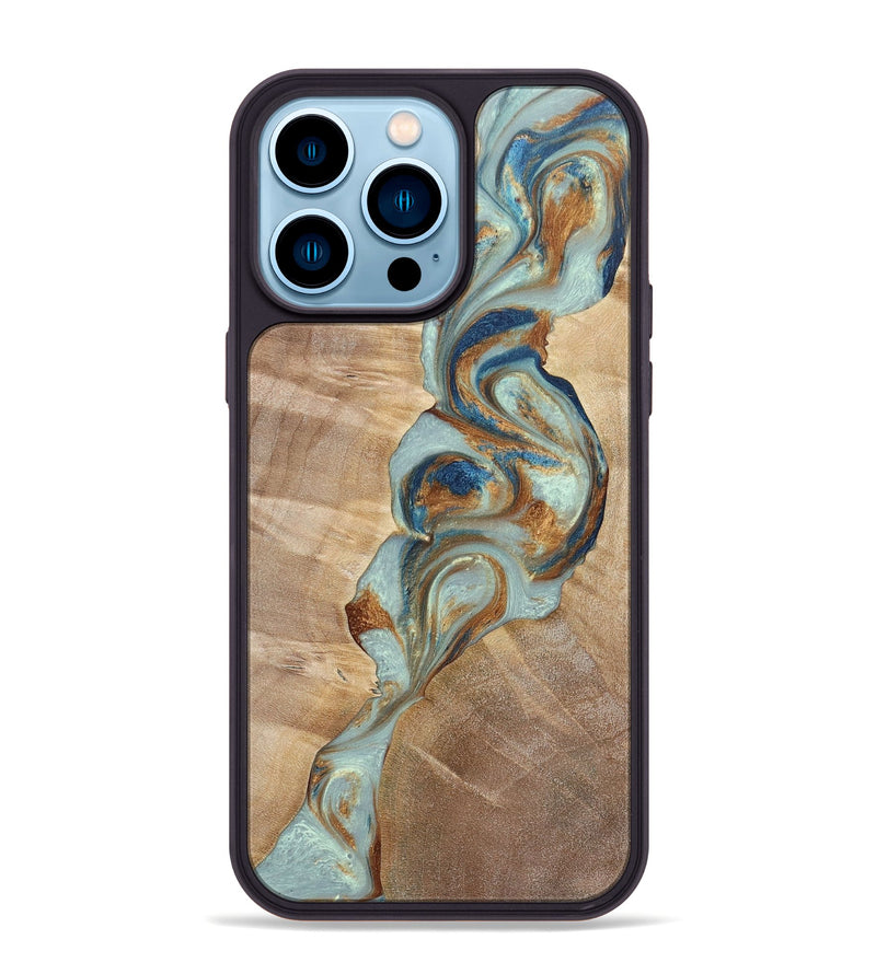 iPhone 14 Pro Max Wood+Resin Phone Case - Latasha (Teal & Gold, 696501)