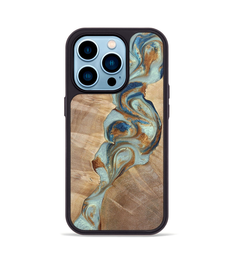 iPhone 14 Pro Wood+Resin Phone Case - Latasha (Teal & Gold, 696501)