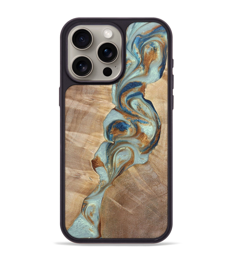 iPhone 15 Pro Max Wood+Resin Phone Case - Latasha (Teal & Gold, 696501)