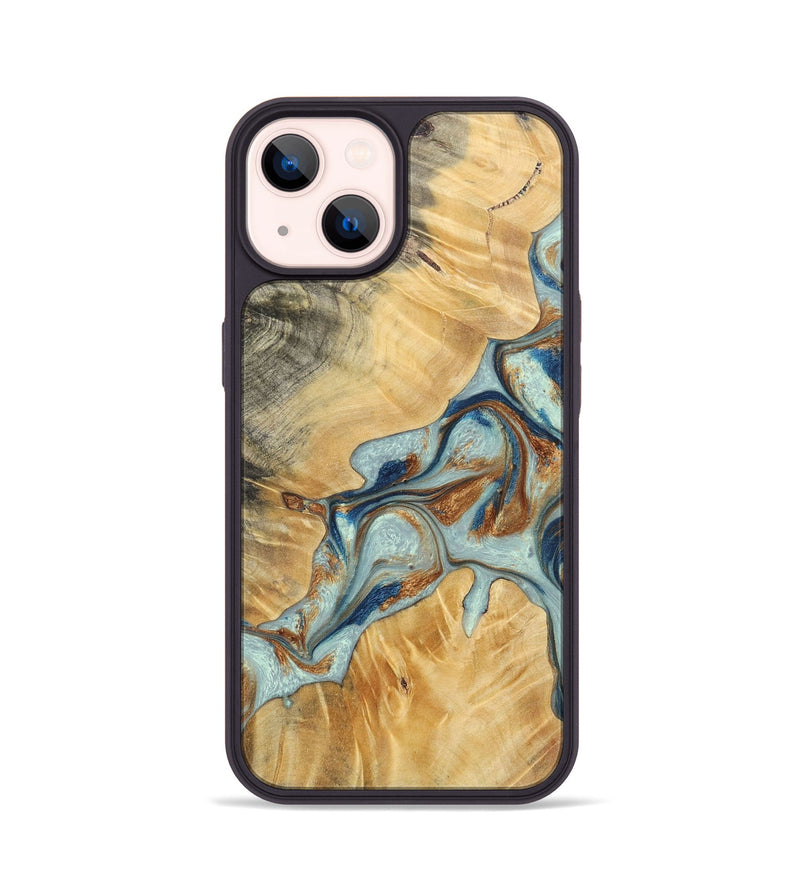 iPhone 14 Wood+Resin Phone Case - Kendra (Teal & Gold, 696502)