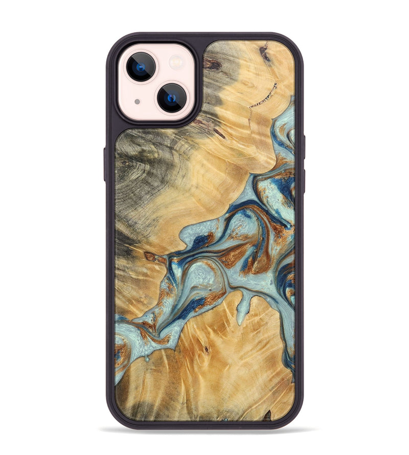 iPhone 14 Plus Wood+Resin Phone Case - Kendra (Teal & Gold, 696502)