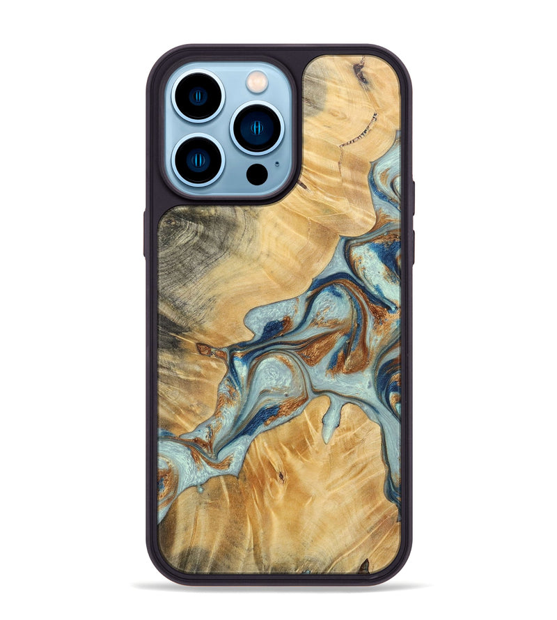 iPhone 14 Pro Max Wood+Resin Phone Case - Kendra (Teal & Gold, 696502)