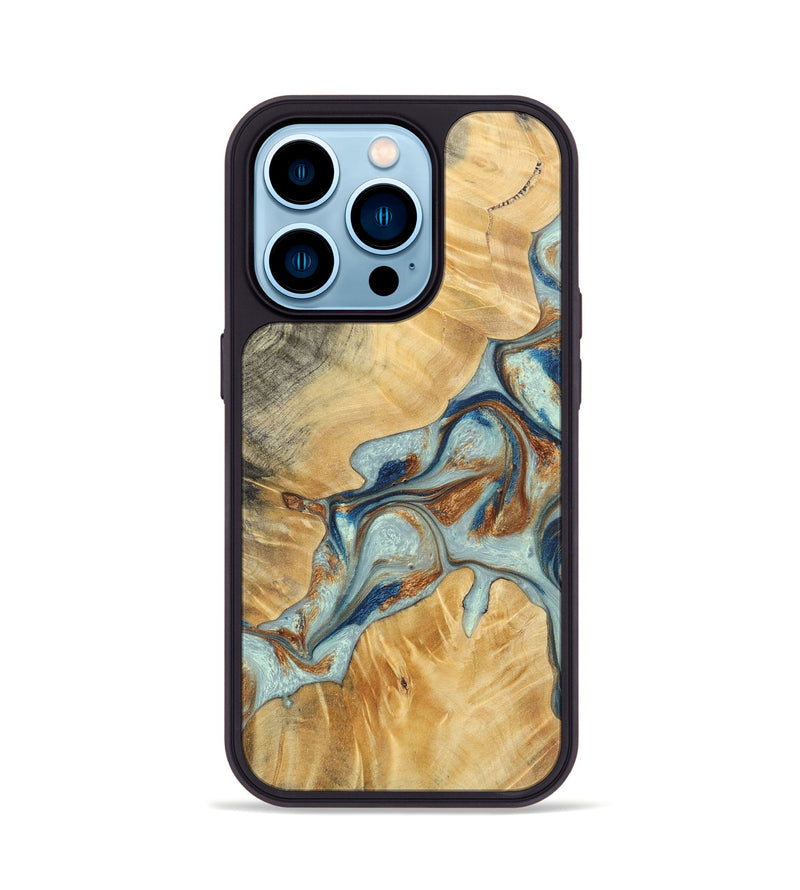 iPhone 14 Pro Wood+Resin Phone Case - Kendra (Teal & Gold, 696502)