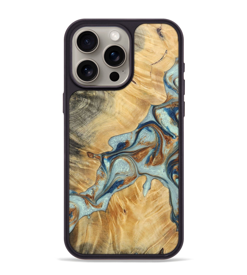 iPhone 15 Pro Max Wood+Resin Phone Case - Kendra (Teal & Gold, 696502)